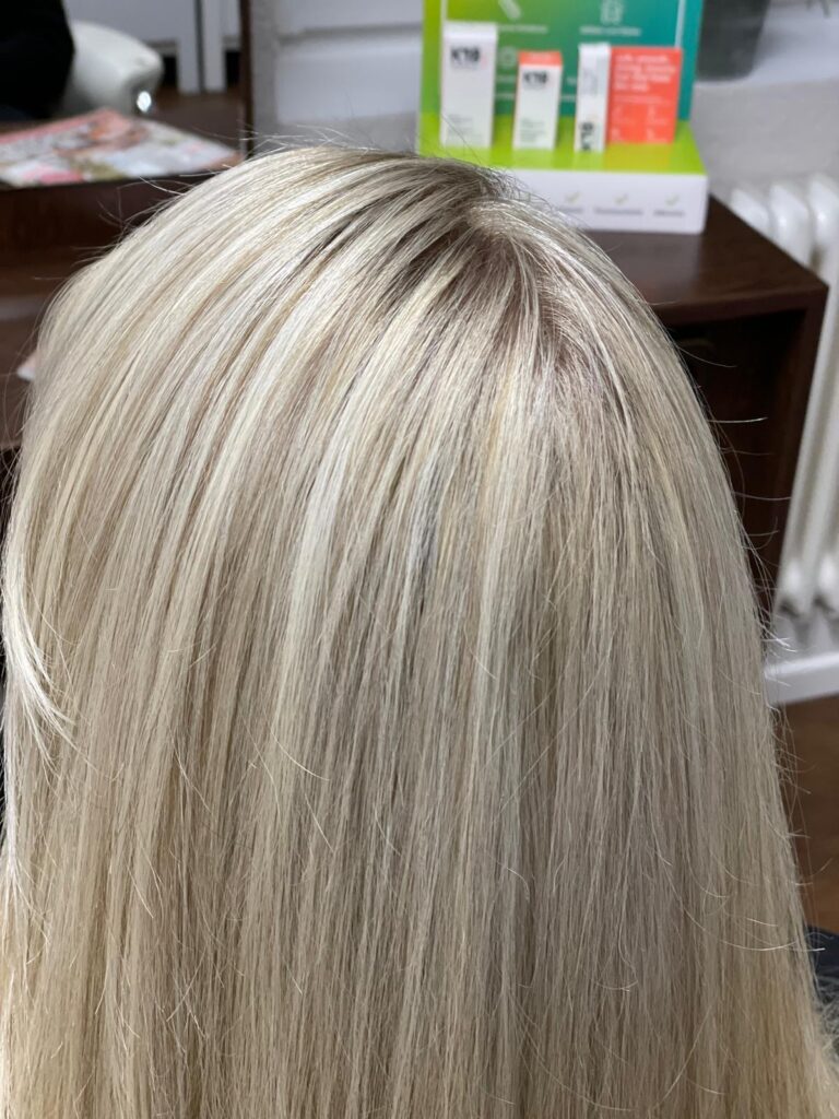 Nahaufnahme einer professionell gefärbten blonden Frisur mit perfektem Farbergebnis von Nadine's Haar Lounge Jesteburg